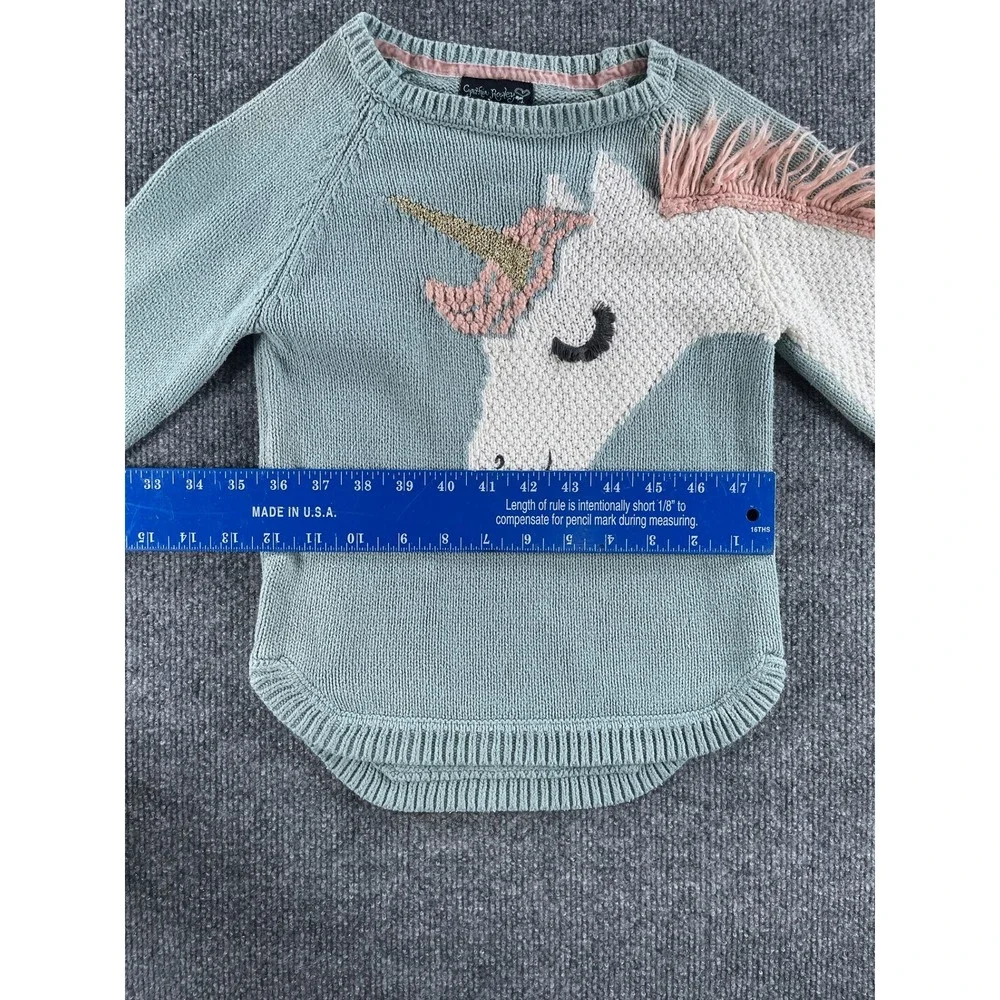 Cynthia Rowley Girls Blue Unicorn Knit Sweater Pink Fringe Mane Gold Horn Size 6
